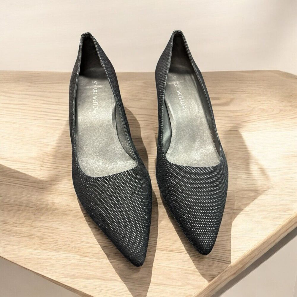 Stuart Weitzman Women's Black Textured Pointed Toe Pumps Elegant Heels Size 11 M